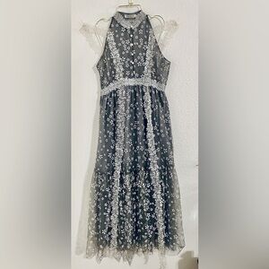 Socialite,Tulle Embroidery Stitched Lace Dress, Halter Neck Floral Party Dress